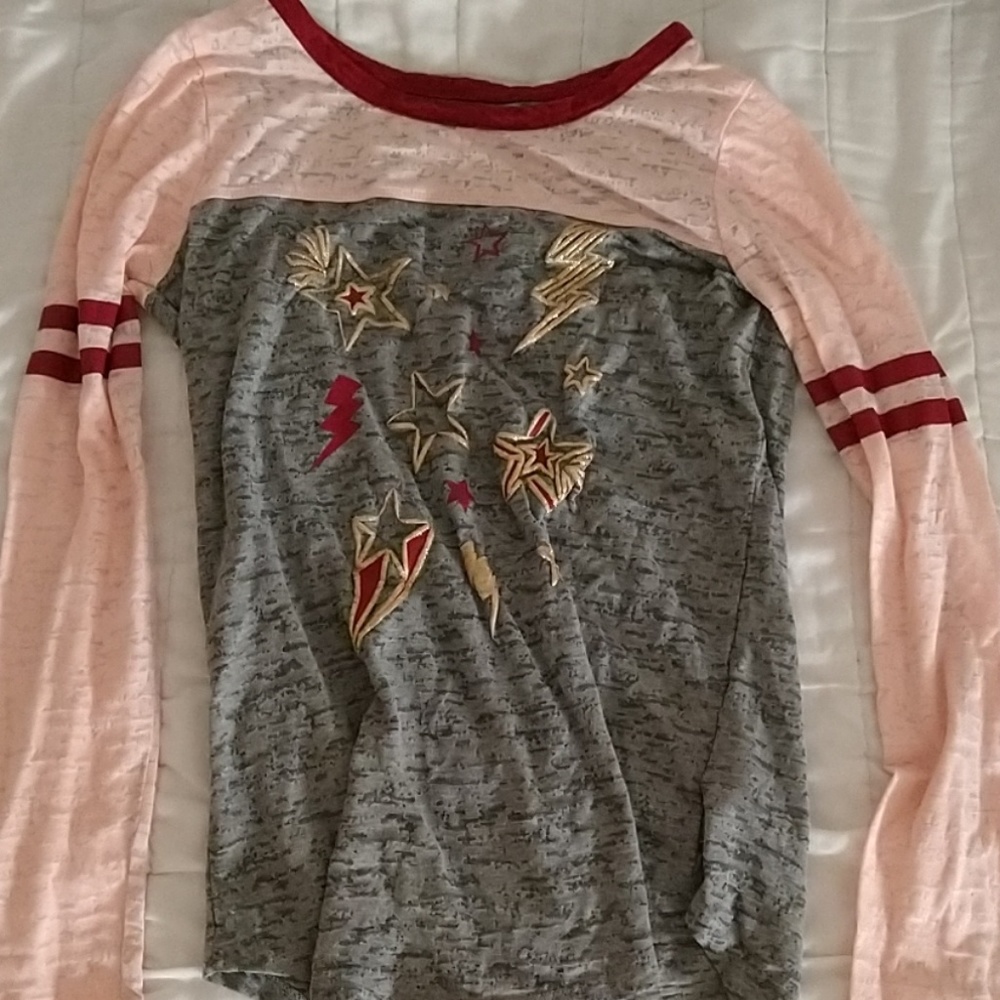 pink and gray star long sleeve shirt with stripes